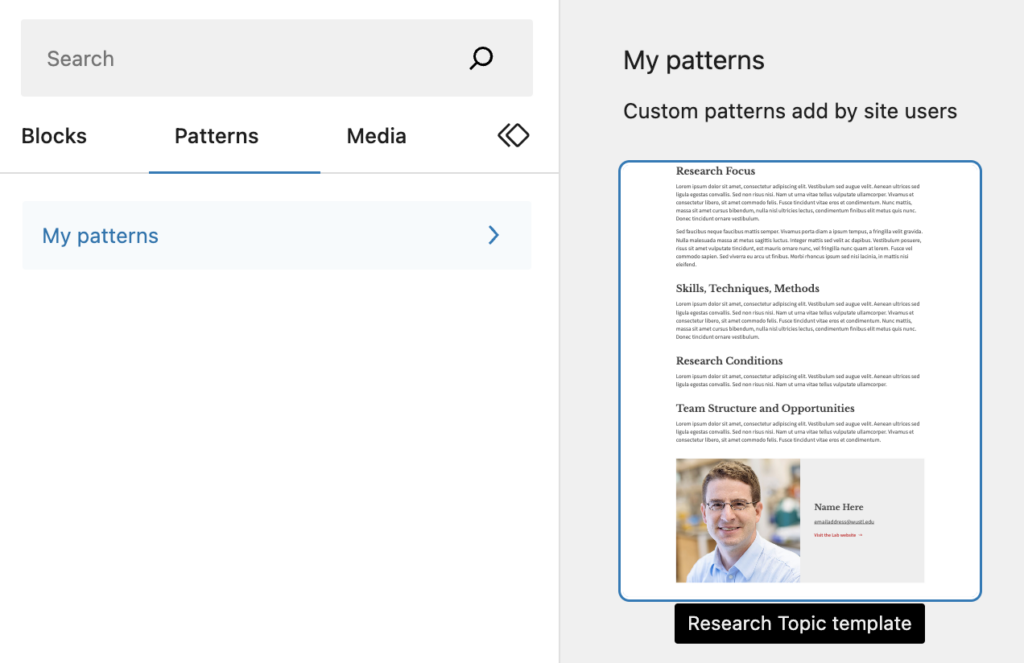 Example of My Patterns section in the block tabs