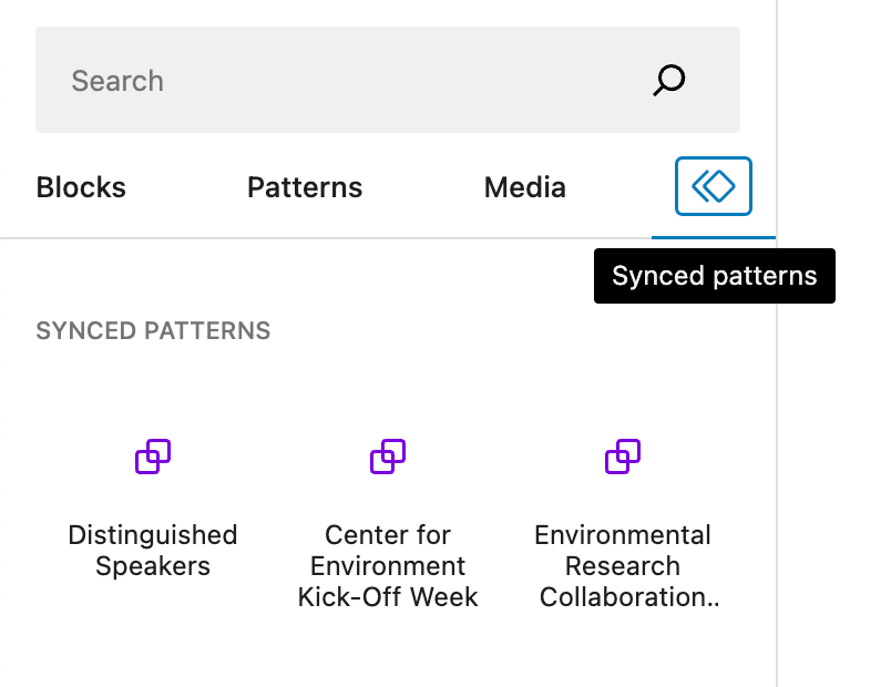 Example of Synced Patterns tab shown in the top of the Page editor